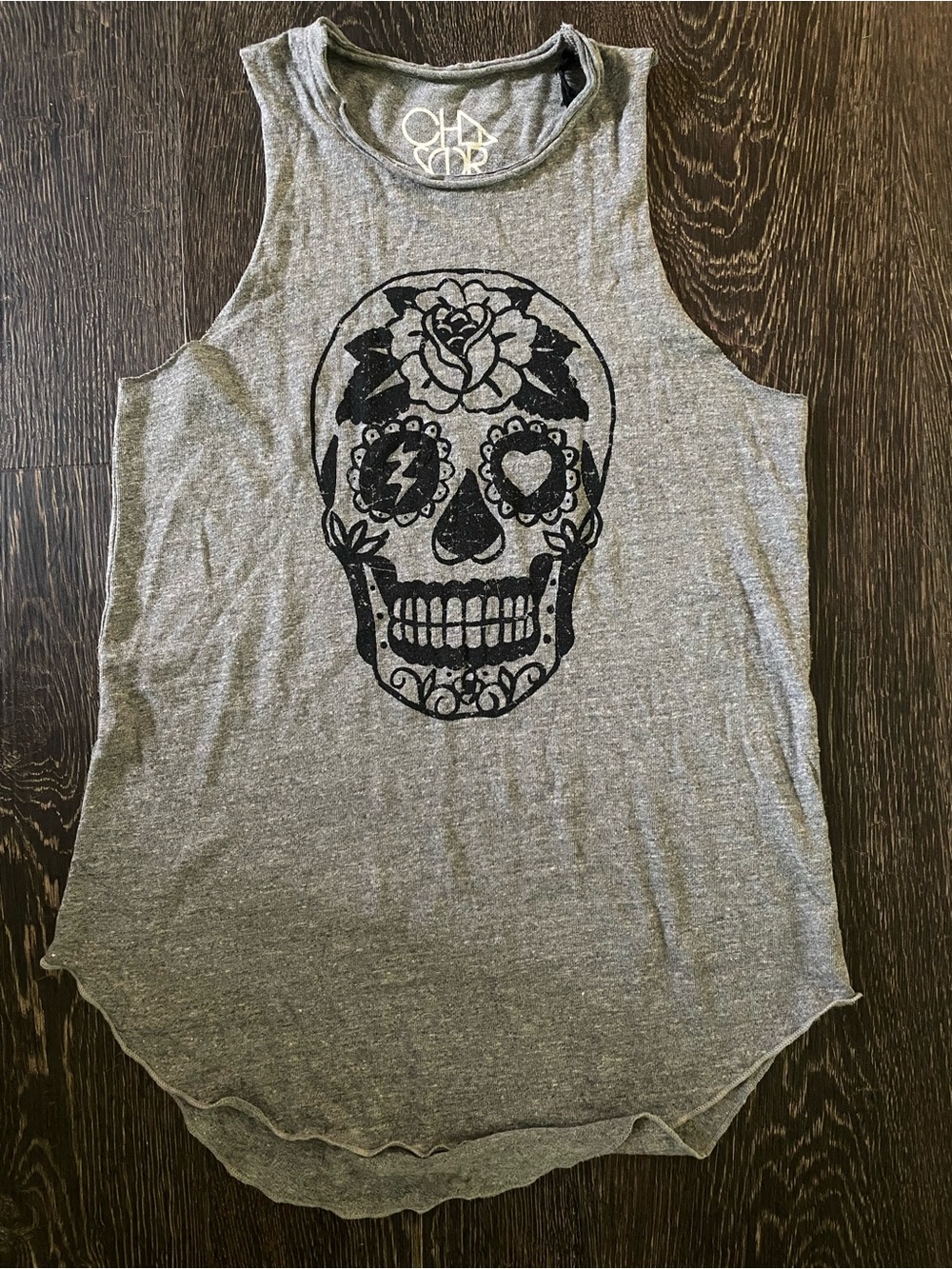 Chaser Heather Gray Tank with Black Skull Graphic size Medium